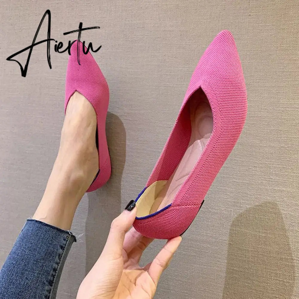 Aiertu Women's Shoes Pumps Knitting Breathable Ladies Pointed Toe Female Comfort Shoes Slip on Shallow Ladies Loafers Office Low Heels Aiertu