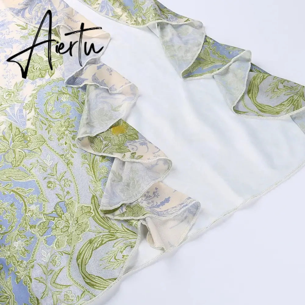 Aiertu Women's Street Style Mesh Printed Tube Skirt Ruffled Slit Dress Spring New Vacation Long Skirt Aiertu