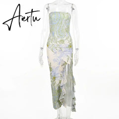 Aiertu Women's Street Style Mesh Printed Tube Skirt Ruffled Slit Dress Spring New Vacation Long Skirt Aiertu