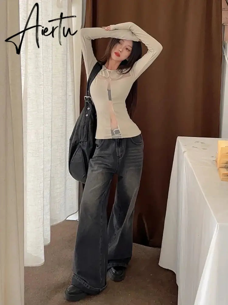 Aiertu Y2k Aesthetic Sexy Fashion Gothic T-shirts Women Chic Hollow Out Elegant Slim Tees Female Korean Casual Harajuku Tops 2024 New Aiertu