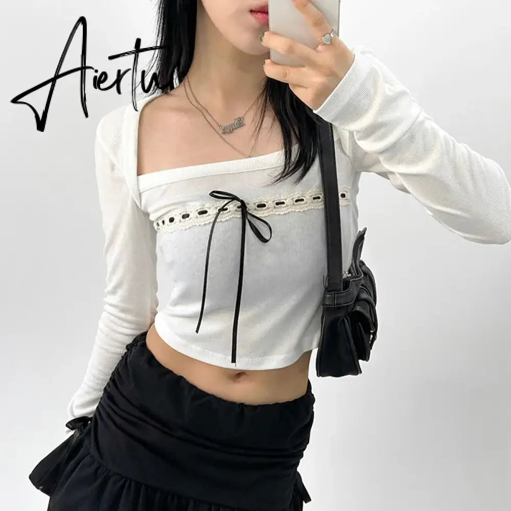 Aiertu  y2k Bow Square Collar T Shirt White Full Sleeve Cute Sweet Crop Top Harajuku Korean Chic Pullovers 2000s Autumn Winter Aiertu