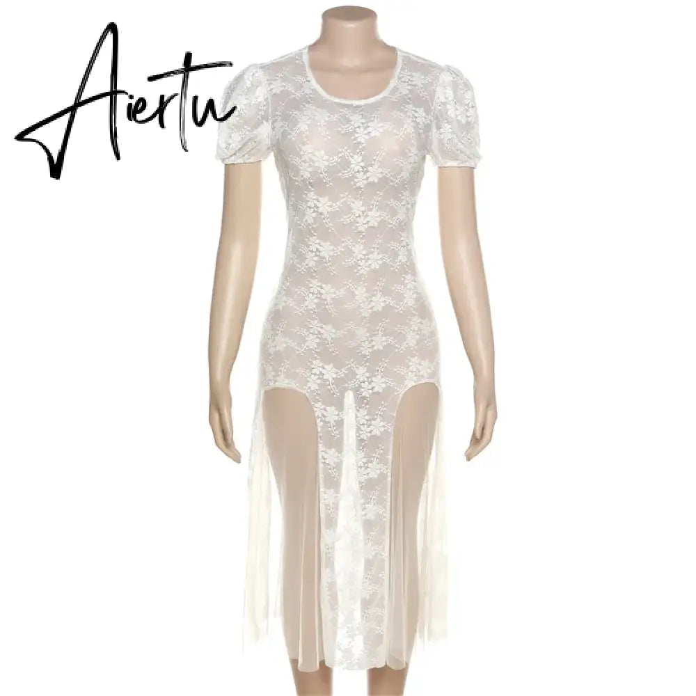 Aiertu Y2k Fairycore See Through Floral Lace Mesh White Dress Summer Retro Puffy Short Sleeve Long Dresses Coquette Aiertu