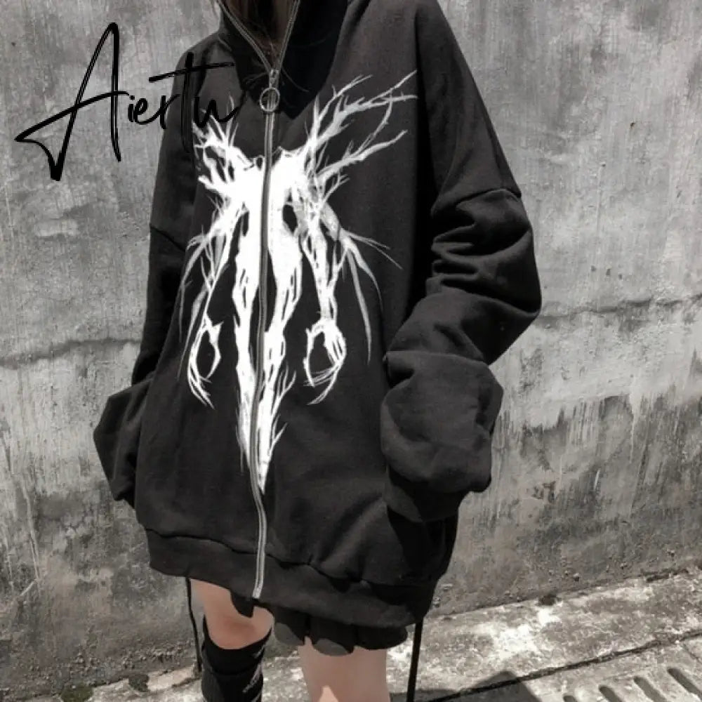 Aiertu Y2K Gothic Sweatshirt Oversized Hoodie Women Autumn Zip Up Long Sleeve Coat Top Female 90S Vintage E-Harajuku Grunge Clothes Aiertu