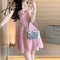 Aiertu Y2K Pink Romantic Floral Spaghetti Slip Dress Women  Summer Slim Elastic High Waist Party Club Mini Dresses Aiertu