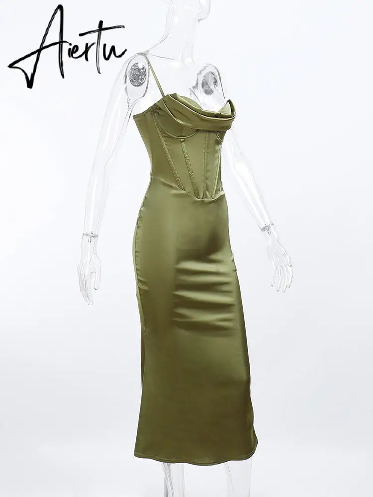 Aiertu Y2k Robe Sleeveless Bodycon Midi Dresses for Woman Summer Evening Party Sling Elegant Green Women's Sexy Dress Aiertu