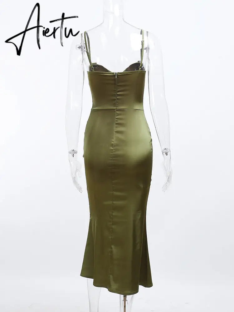 Aiertu Y2k Robe Sleeveless Bodycon Midi Dresses for Woman Summer Evening Party Sling Elegant Green Women's Sexy Dress Aiertu