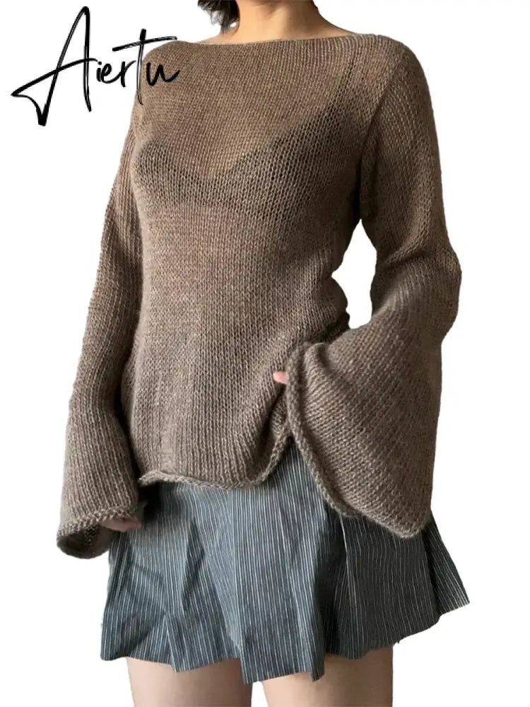 Aiertu  Y2K Tie Back Sweaters Women Long Sleeve Boat Neck Solid Color Knitted Pullover Casual Crochet Tops  Fall New Aiertu
