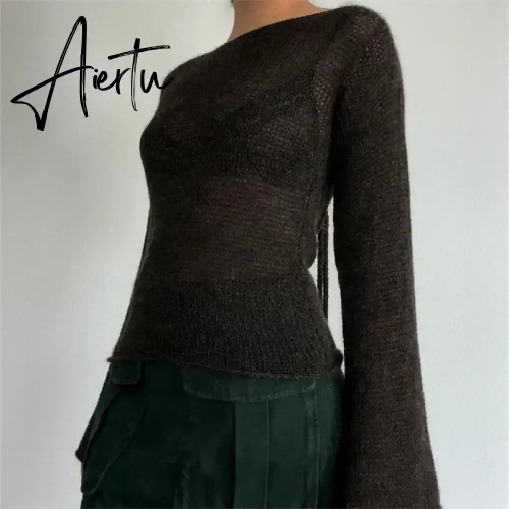 Aiertu  Y2K Tie Back Sweaters Women Long Sleeve Boat Neck Solid Color Knitted Pullover Casual Crochet Tops  Fall New Aiertu