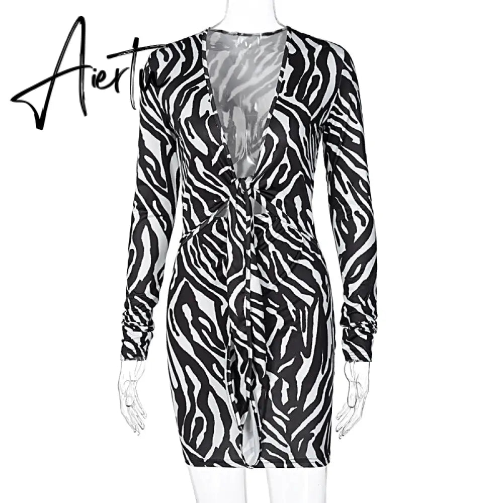 Aiertu Zebra Print Long Sleeve V-Neck Bandage Sexy Mini Dress Autumn Winter Women Fashion Streetwear Outfits Party Wear Aiertu