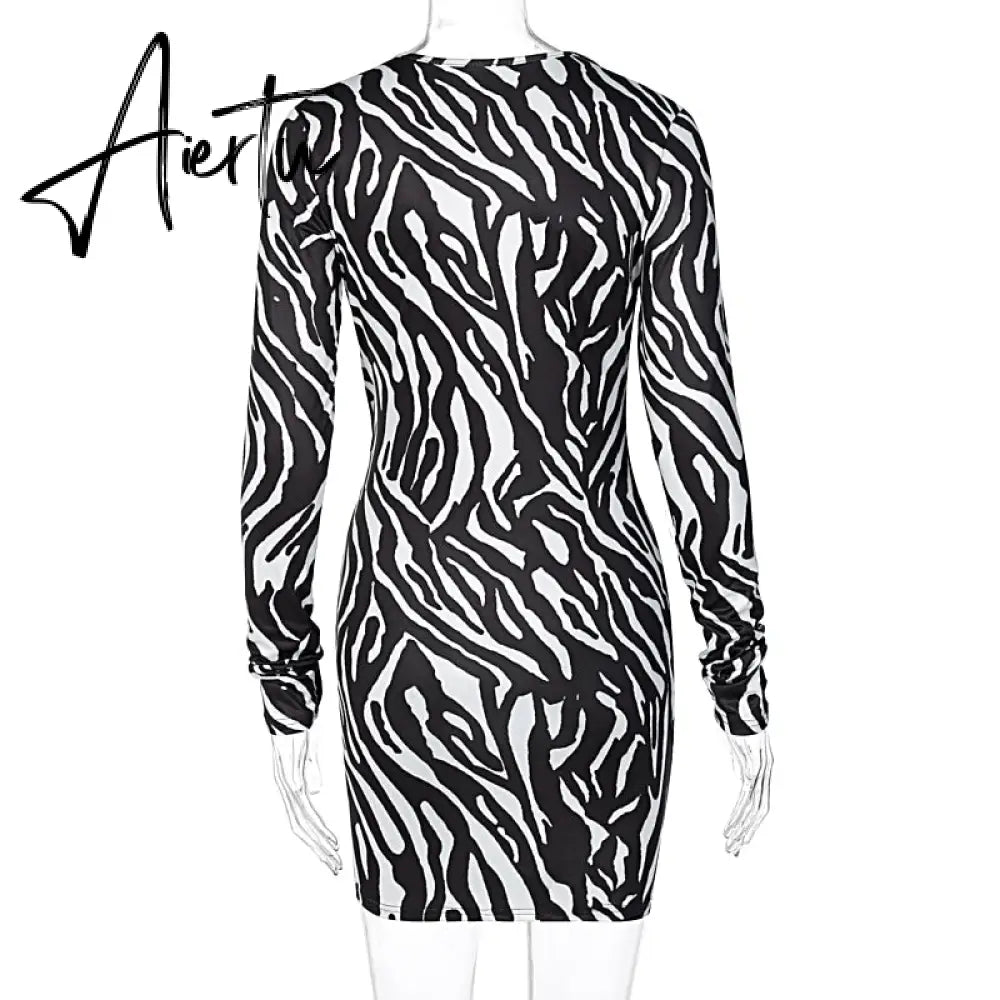 Aiertu Zebra Print Long Sleeve V-Neck Bandage Sexy Mini Dress Autumn Winter Women Fashion Streetwear Outfits Party Wear Aiertu