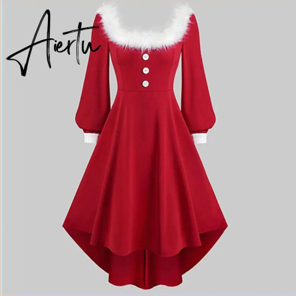 Aieru Christmas Costume Party Dress Women Long Sleeve Deep V-neck Vintage Elegant Winter Dress New Year Holiday Robe Aiertu
