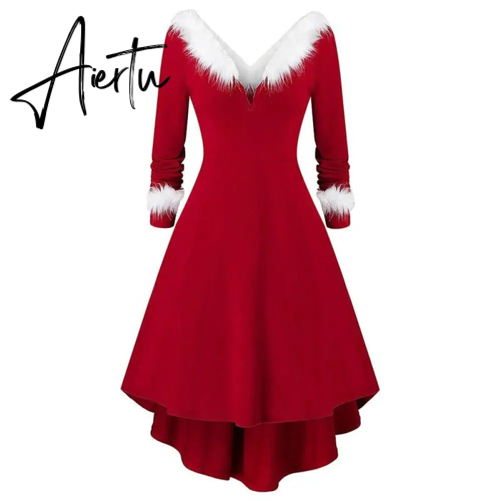 Aieru Christmas Costume Party Dress Women Long Sleeve Deep V-neck Vintage Elegant Winter Dress New Year Holiday Robe Aiertu