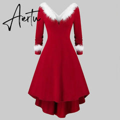 Aieru Winter Women Christmas Dress Elegant Puff Long Sleeve Faux Fur Collar Midi Party Costume Xmas New Year Festival Robe Aiertu