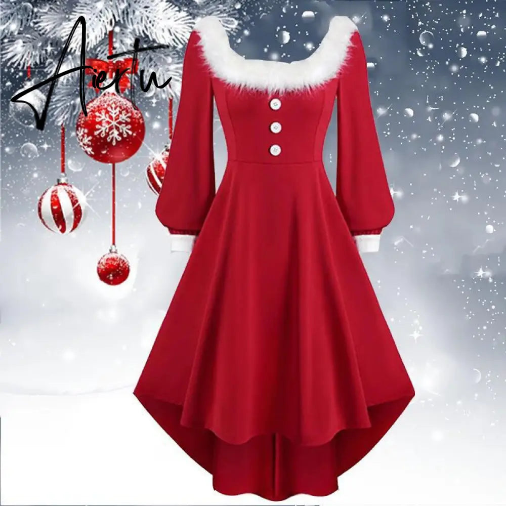 Aieru Winter Women Christmas Dress Elegant Puff Long Sleeve Faux Fur Collar Midi Party Costume Xmas New Year Festival Robe Aiertu