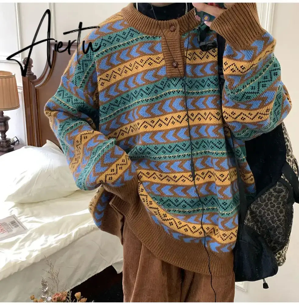 Autumn Ethnic Style Jacket Sweater Retro O-neck Sweaters Men's Loose Casual High Street Couple Cold Blouse Male Clothes Aiertu