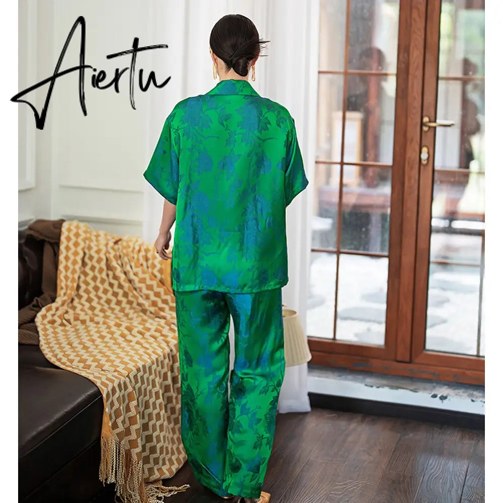 Autumn Luxury Satin Women Green Print Pajamas Set Half Sleeve Shirt Loose Pants Sleepwear Suit Ladies Office 2 Piece Sets Outfit Aiertu