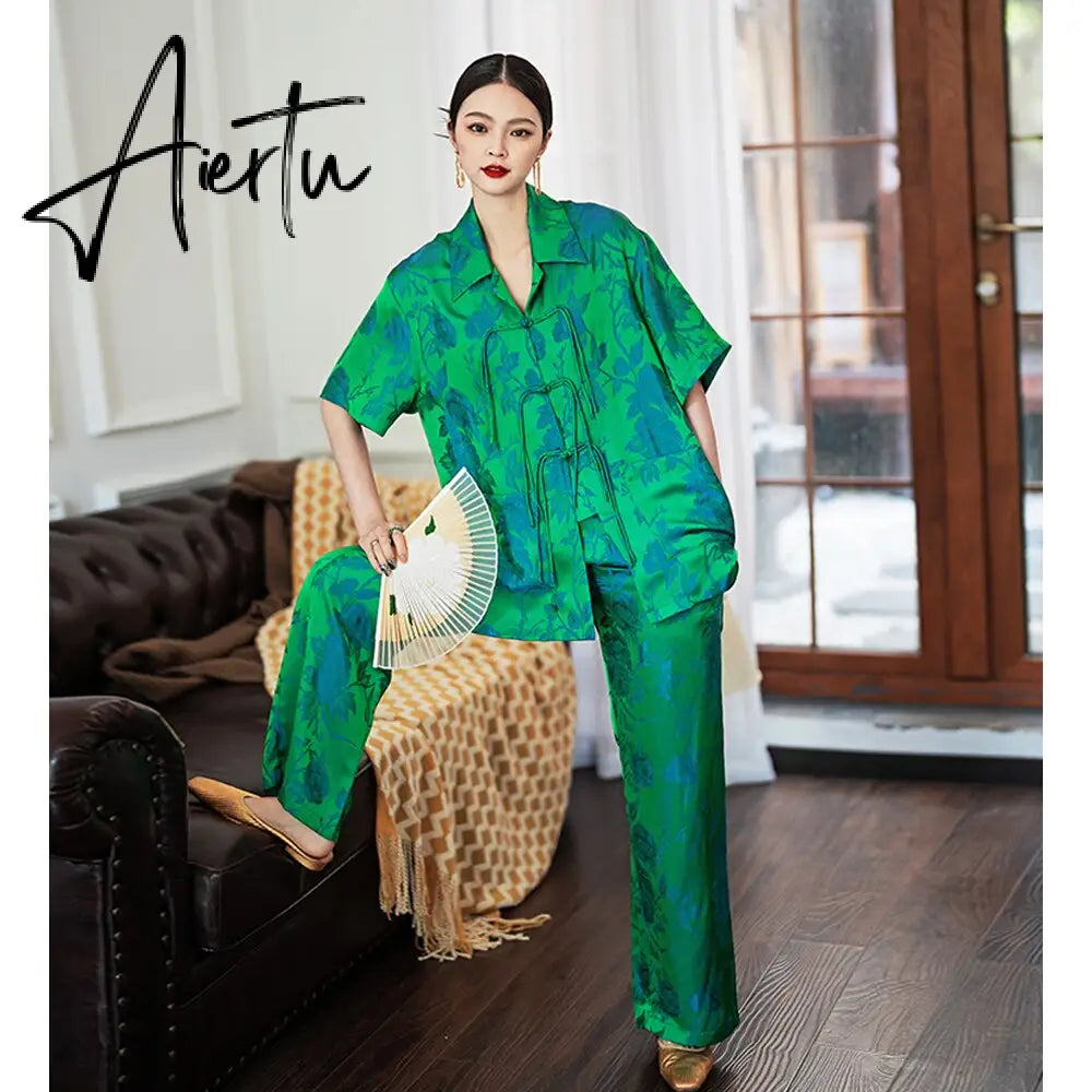 Autumn Luxury Satin Women Green Print Pajamas Set Half Sleeve Shirt Loose Pants Sleepwear Suit Ladies Office 2 Piece Sets Outfit Aiertu