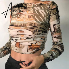 Autumn stacked cut out Hole female tshirt Gothic street fashion graphic crop tops casual Basic tees woman Selling new Aiertu