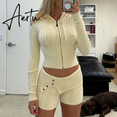 Autumn Vintage Kink Knitted 2 Piece Set Women Zipper Cropped Cardigans Jacket Coat + Slim Fit Shorts Female Hooded Outfits Aiertu