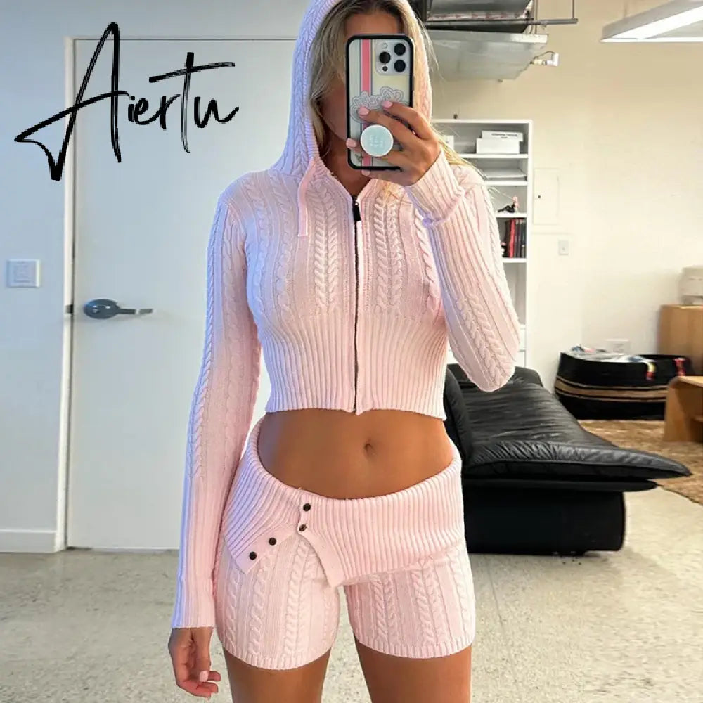 Autumn Vintage Kink Knitted 2 Piece Set Women Zipper Cropped Cardigans Jacket Coat + Slim Fit Shorts Female Hooded Outfits Aiertu