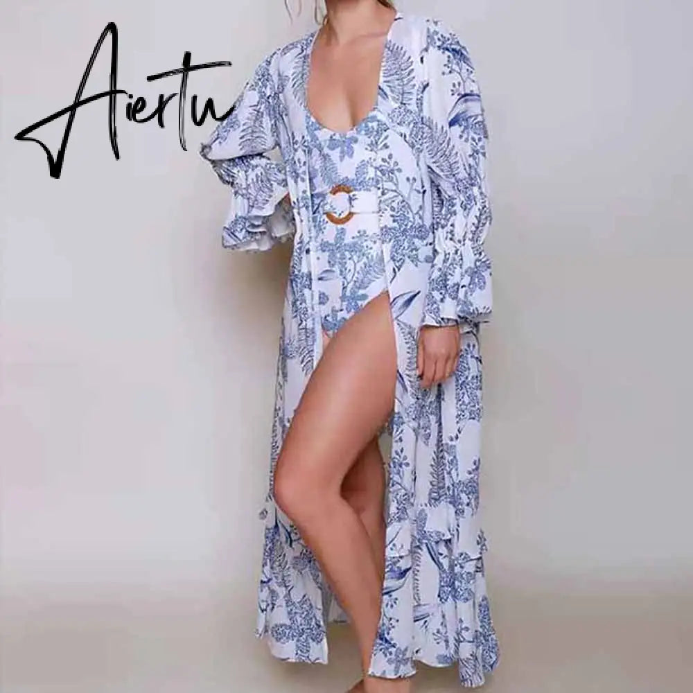 Bikini Set Vintage Bathing Suit ring Belt Printed One-piece Swimsuit and Flared Sleeve Chiffon Cover-ups Beach Outfits for Women Aiertu