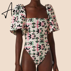 Bikinis  Woman Fashion One Piece Swimsuit Floral-print Puff Sleeve Square Neck Biquini High Waist Swimwear Summer Beach Wear Aiertu