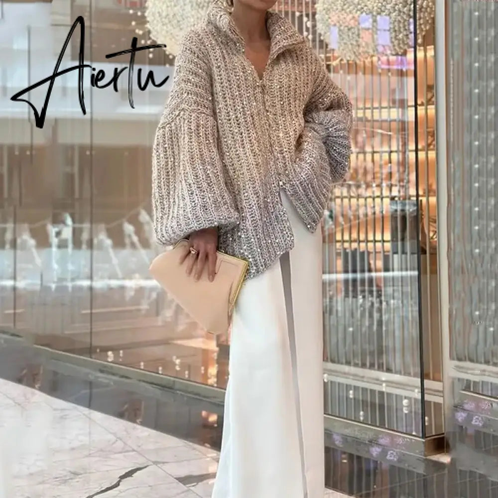 Black Friday Elegant Sequin Sweater Women Fashion Lurex Long Sleeve Loose Female Zipper Knit Cardigan 2023 Autumn Streetwear Lady Coat Aiertu