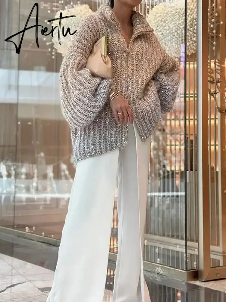 Black Friday Elegant Sequin Sweater Women Fashion Lurex Long Sleeve Loose Female Zipper Knit Cardigan 2023 Autumn Streetwear Lady Coat Aiertu