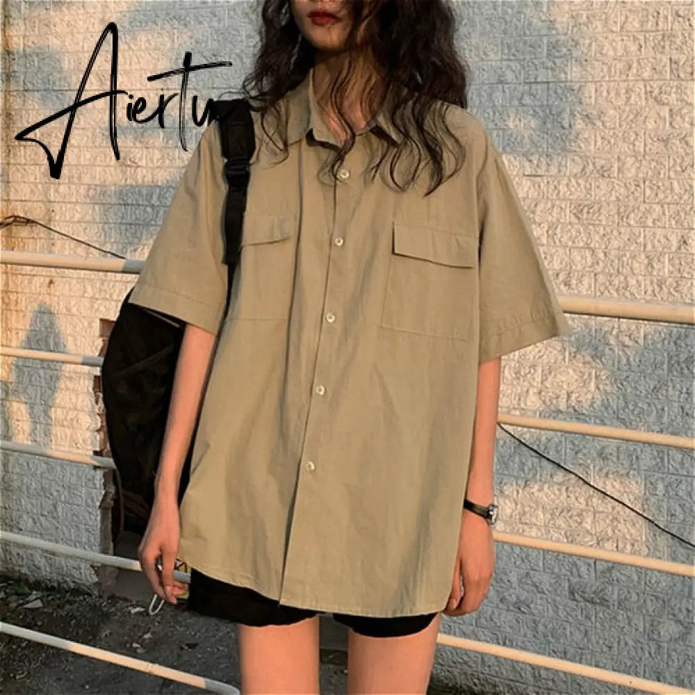 Blouses Women Japan Style Harajuku Simple Short Sleeve Summer Womens Chic Tops Retro All-match Pockets Trendy Girls Shirts New Aiertu