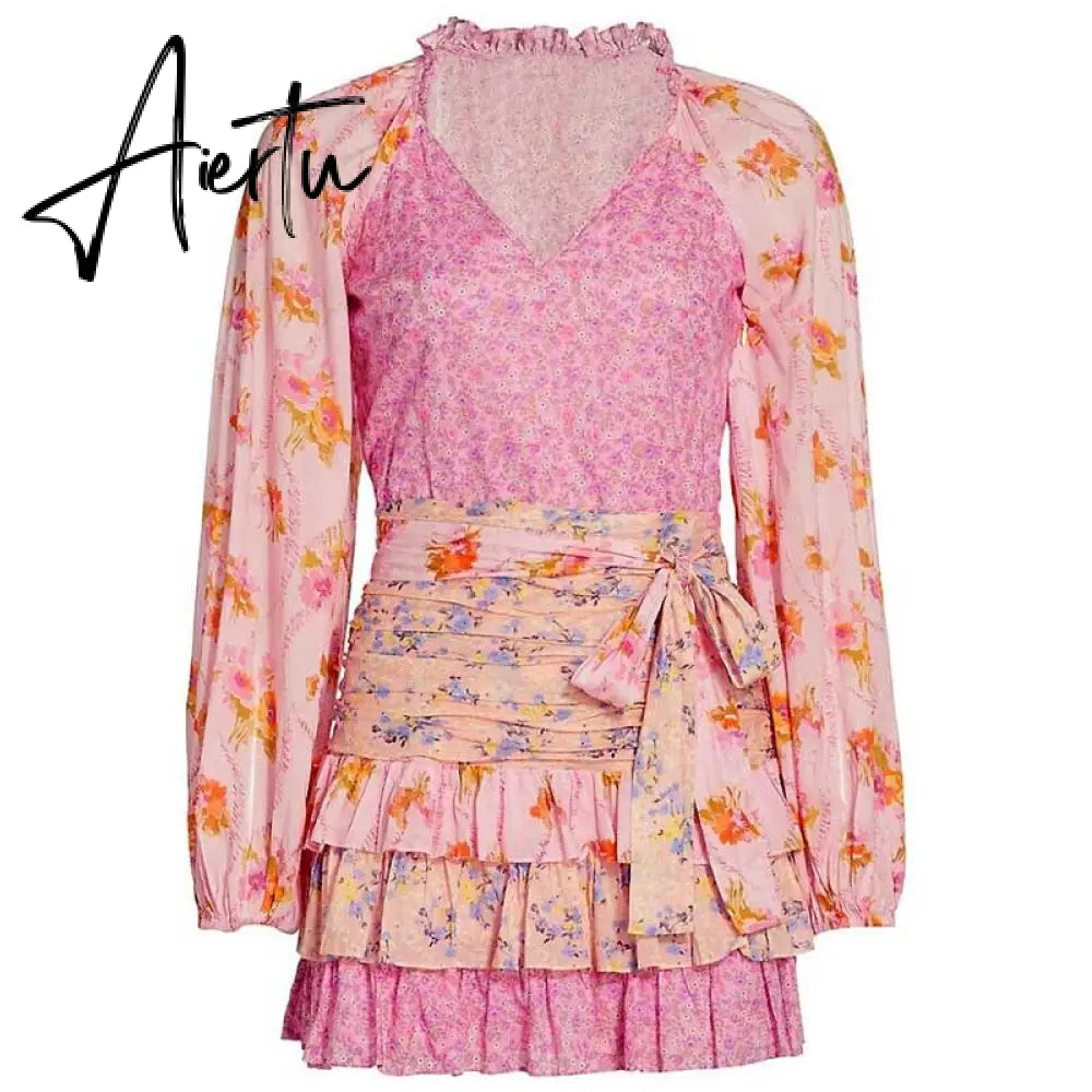 Boho Inspired women's spring summer dress long sleeve V-neck tiered ruffled dress women floral print elegant party dress Aiertu