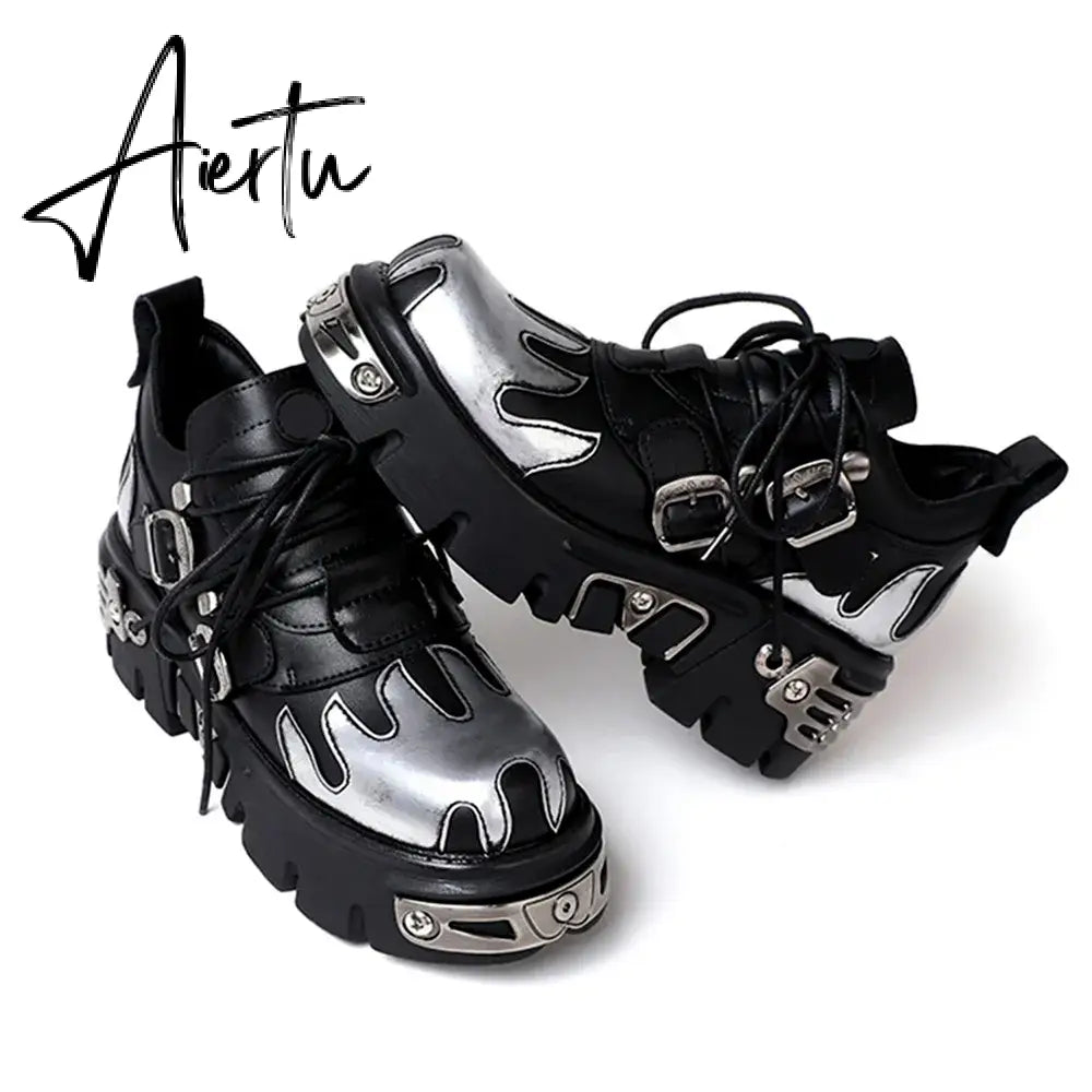 Brand Punk Style Women Shoes Lace-up heel height 6CM Platform Shoes Woman Gothic Ankle Boots Metal Decor Woman Sneakers Aiertu