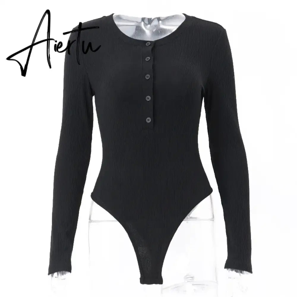 Button Up Solid Ribbed Knitted Long Sleeve Bodysuits for Women Elegant Slim Tops High Rise Bodysuit Spring Clothes Aiertu