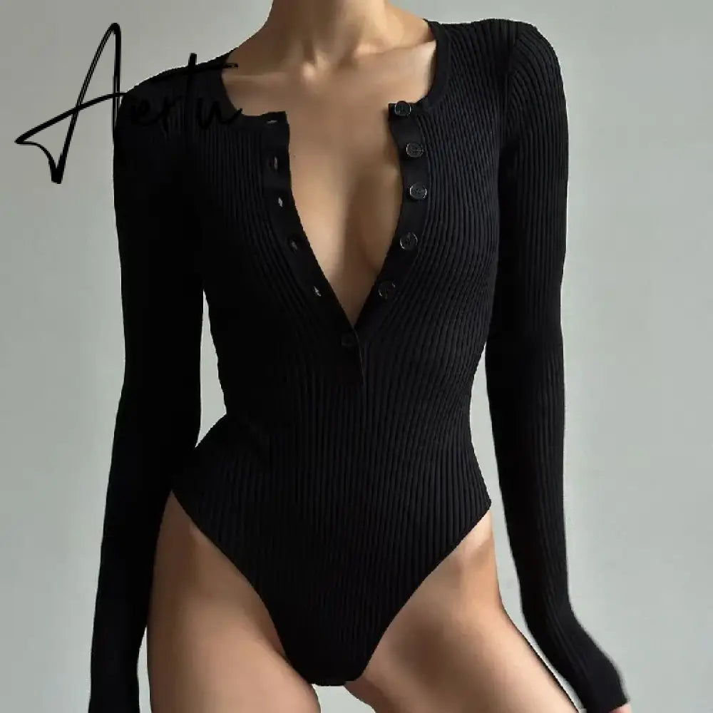 Button Up Solid Ribbed Knitted Long Sleeve Bodysuits for Women Elegant Slim Tops High Rise Bodysuit Spring Clothes Aiertu