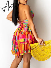 Cami Deep-V Floral Print Dress Women Sexy Backless Halter Summer Dress Aiertu