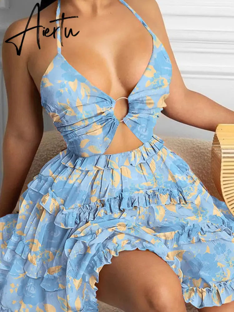 Cami Deep-V Floral Print Dress Women Sexy Backless Halter Summer Dress Aiertu