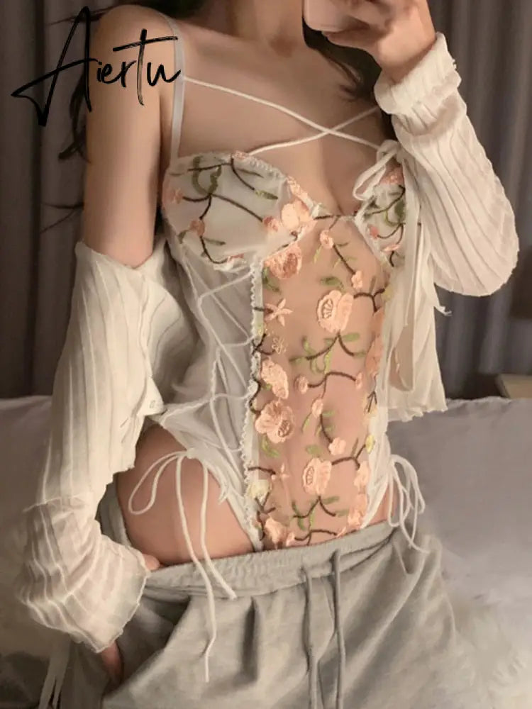 Camisole Vest Women Casual Outerwear SummerSexy Basic Blouse Korean Style Embroidery Lace Bodycon Bodysuits Female Beach Aiertu