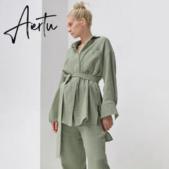 Casual Cotton Sleepwear Oversize Tops Pants 2 Piece Sets Women Loose Lace Up Shirts Suits Female Solid Homewear Outfits Aiertu