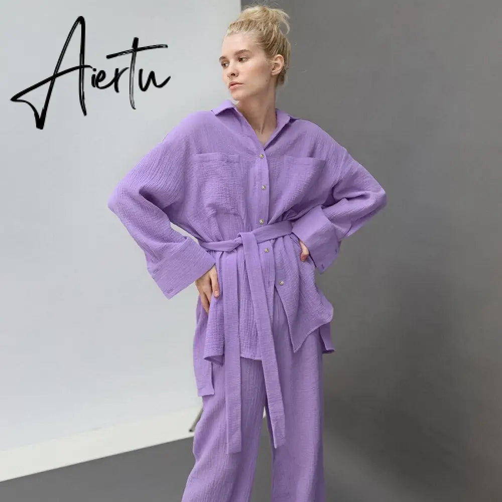 Casual Cotton Sleepwear Oversize Tops Pants 2 Piece Sets Women Loose Lace Up Shirts Suits Female Solid Homewear Outfits Aiertu