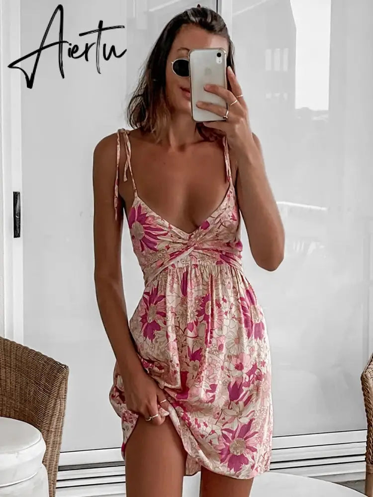 Casual Floral Elegant French Dress Summer Women Sexy Backless Bandage Halter Pink Flower Print Beach Style Mini Dress Aiertu