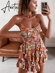 Casual Floral Elegant French Dress Summer Women Sexy Backless Bandage Halter Pink Flower Print Beach Style Mini Dress Aiertu
