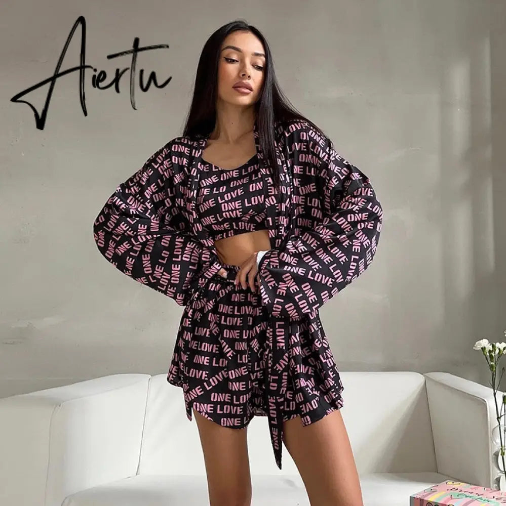 Casual Print Women's Pajamas  Sexy Loose Pajamas For Women Lace-Up Long Sleeve Robes Shorts Set Female Sleepwear Home Suit Aiertu