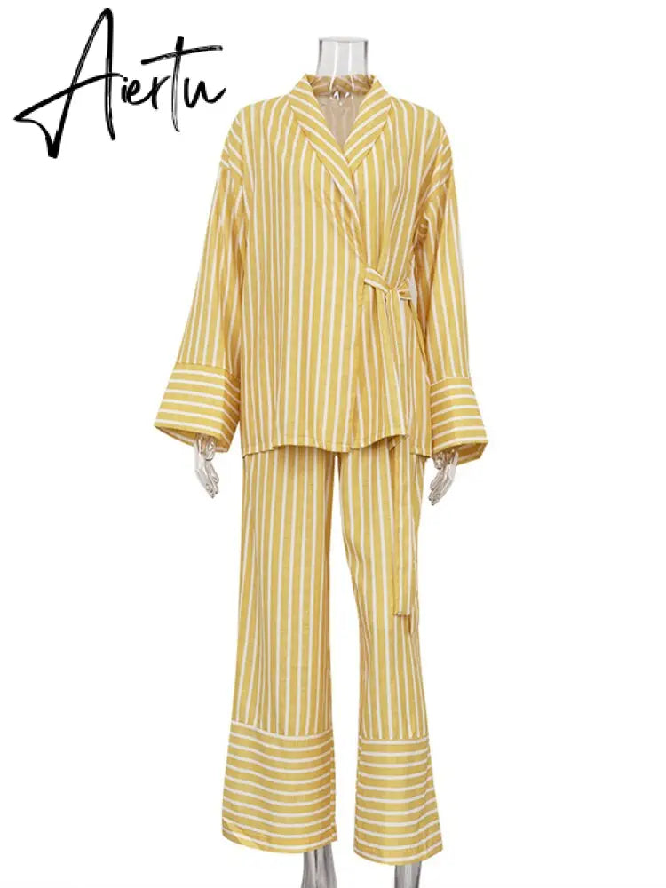 Casual Yellow Stripe Home Suits Elegant High Waist Wide Pants Set Fashion Long Sleeve Shirts Two Piece Pajamas Set Women Outfit Aiertu