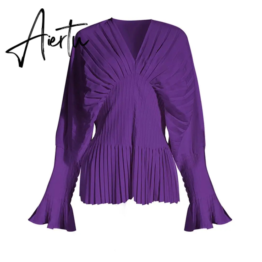 Causal Blouses For Female V Neck Flare Long Sleeve High Wiast Pleated Women Shirts Clothes Fashion  Spring New Aiertu