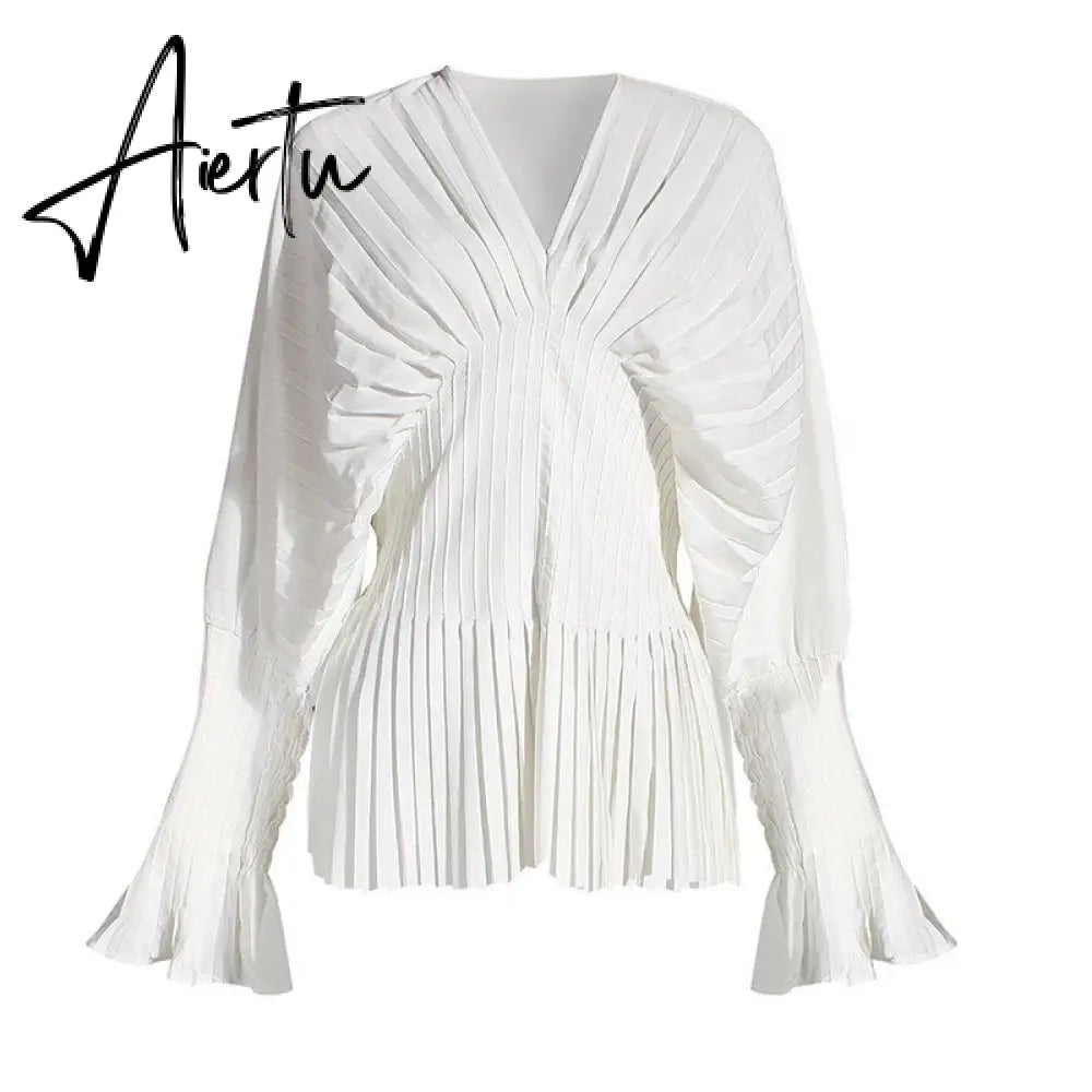 Causal Blouses For Female V Neck Flare Long Sleeve High Wiast Pleated Women Shirts Clothes Fashion  Spring New Aiertu
