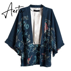Causal Kimono Cardigan Harajuku Sun Protection Blouse  Flower birds Print Shirt Three Quarter Sleeve Loose Tops Aiertu