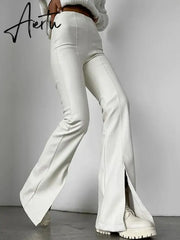Chic Fashion PU Leather High Rise Flare Pants Club Party Casual Sexy Split Pants for Women Trousers Pant Gothic Aiertu