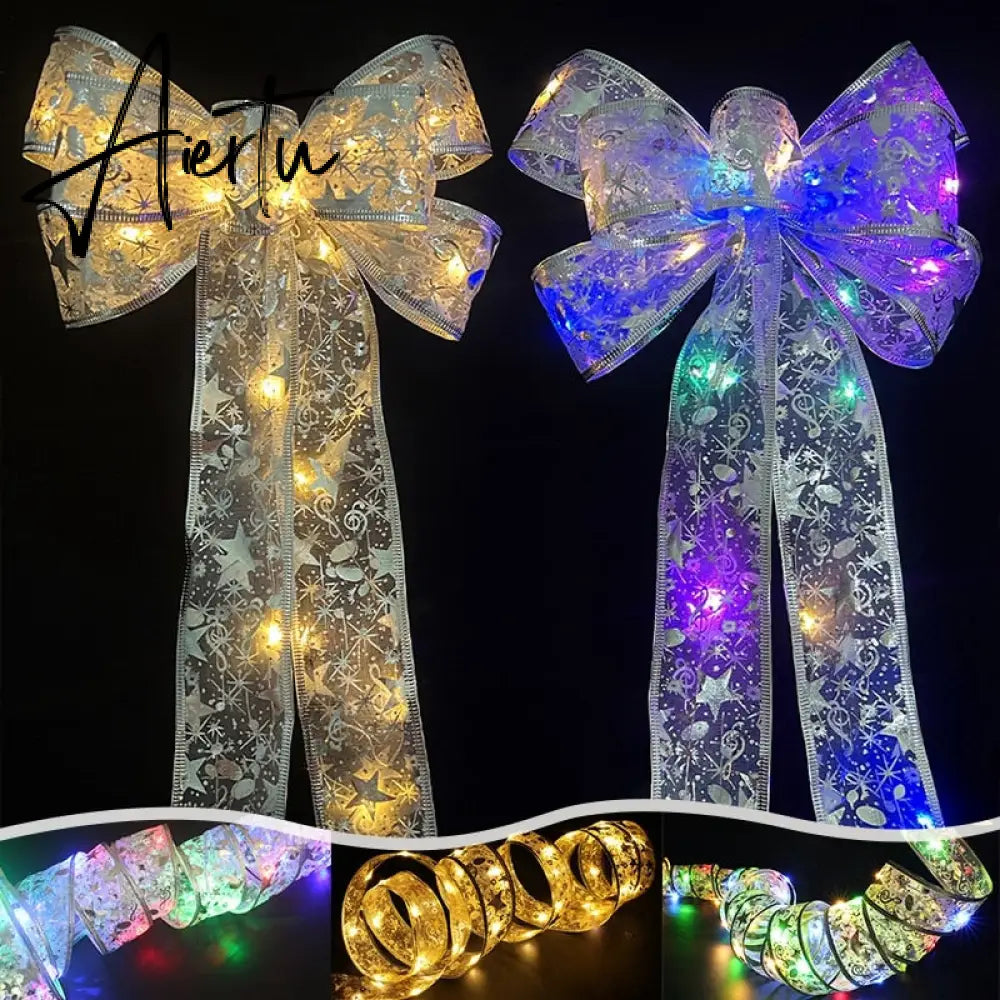 Christmas Gifts Ribbon with Lights Bows String Lights Xmas Deorative Christmas Tree Ornaments New Year Navidad Natal 2/4/5m Aiertu