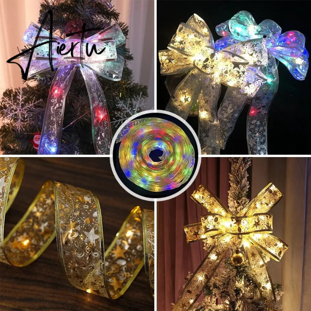 Christmas Gifts Ribbon with Lights Bows String Lights Xmas Deorative Christmas Tree Ornaments New Year Navidad Natal 2/4/5m Aiertu