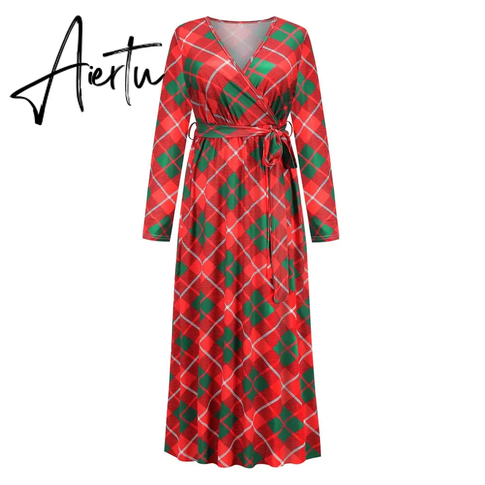 Christmas Print Long Dress for Women Autumn V-neck Knitting  A-LINE Belt Slim Ankle-Length Aiertu