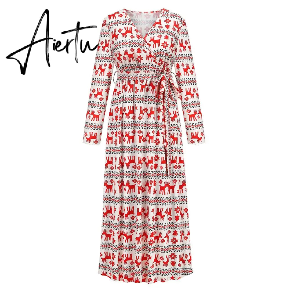 Christmas Print Long Dress for Women Autumn V-neck Knitting  A-LINE Belt Slim Ankle-Length Aiertu